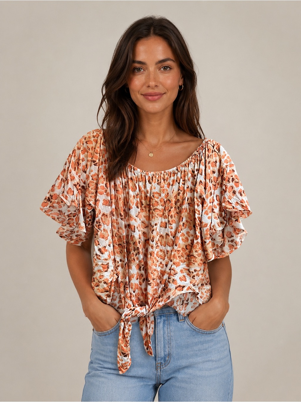 Umgee Orange Floral Leopard Tie-Front Off-Shoulder Top small
